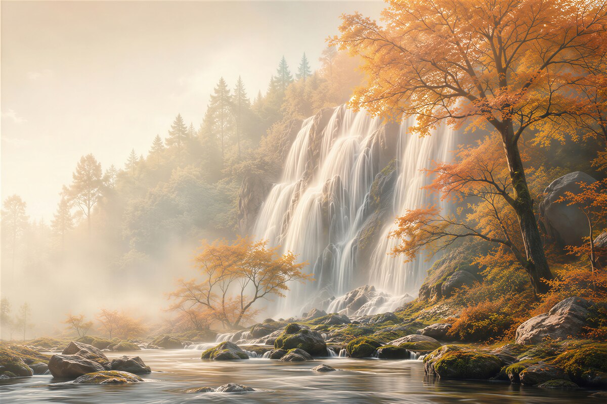 Papier peint cascade dans une forêt d'automne dans le brouillard paysage paisible