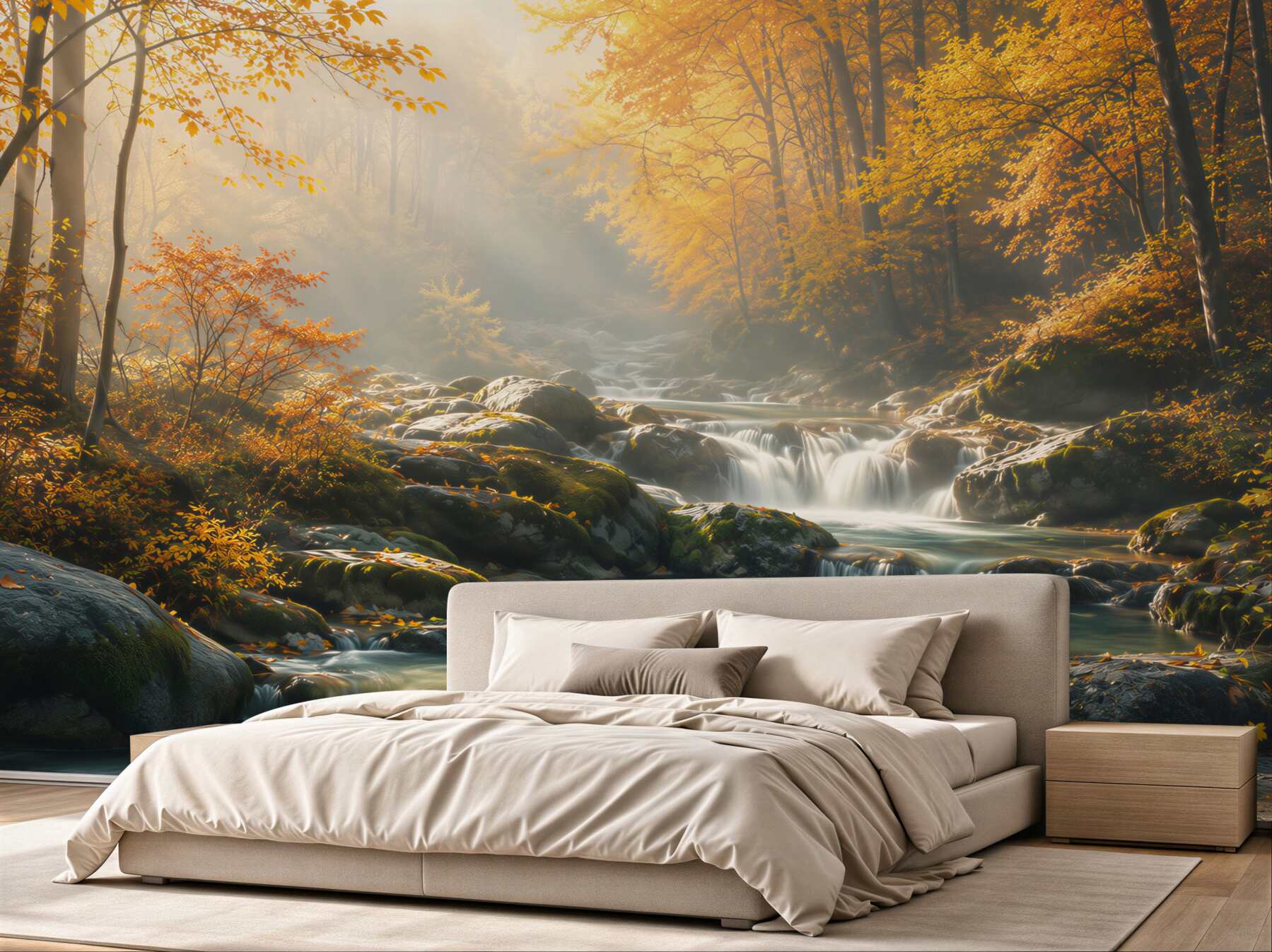 Papier peint forêt d'automne avec un ruisseau de montagne dans des couleurs dorées