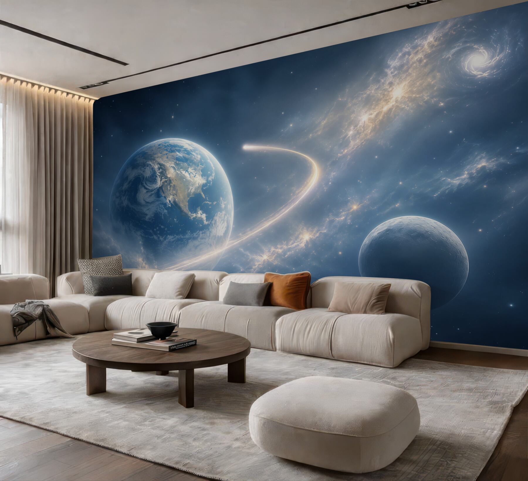 Papier peint cosmos avec planètes et galaxie dans des tons de bleu