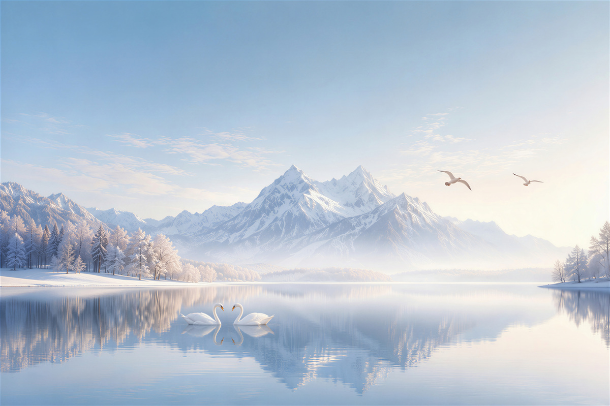 Papier peint montagnes d'hiver au-dessus d'un lac avec des cygnes dans des bleus clairs
