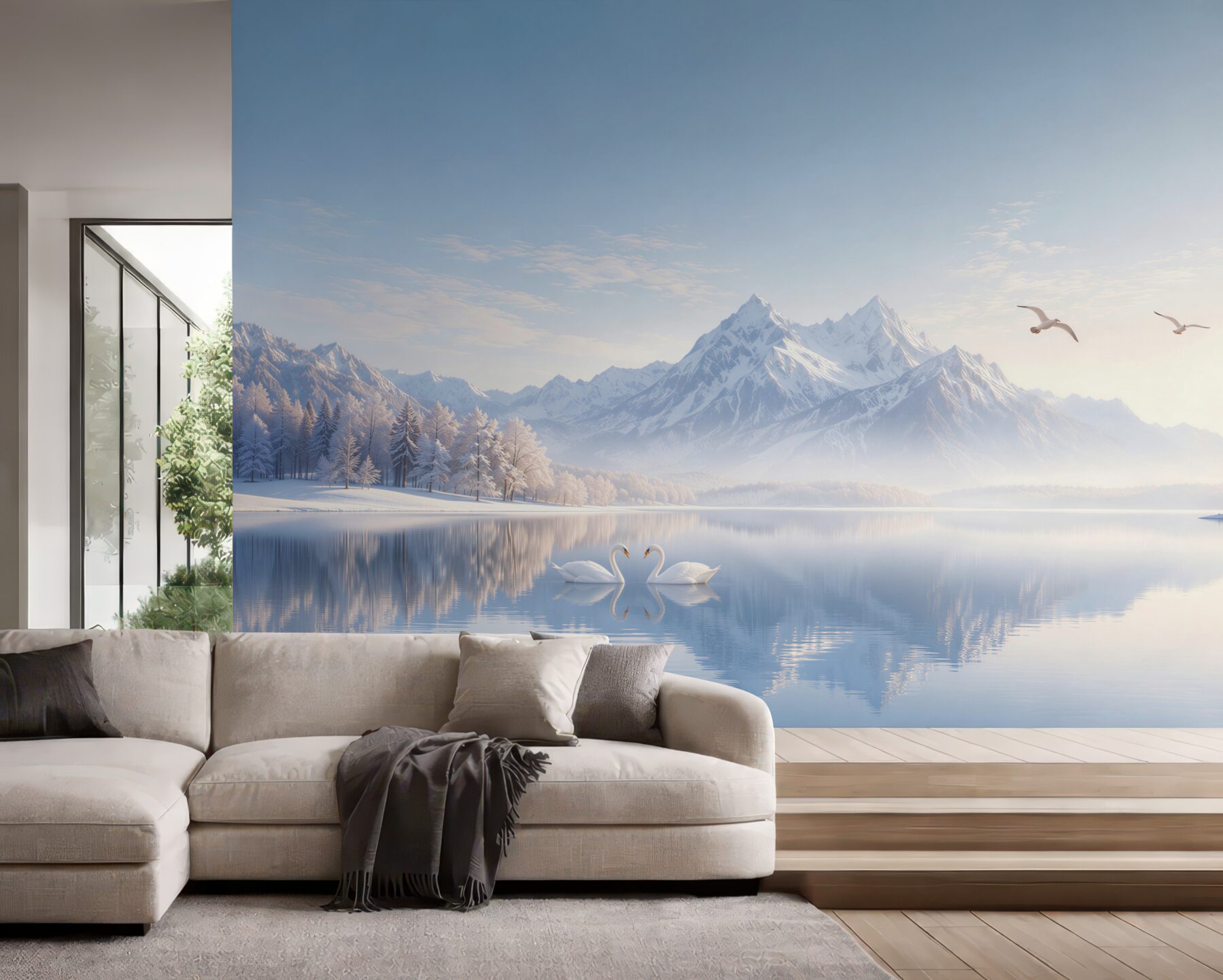 Papier peint montagnes d'hiver au-dessus d'un lac avec des cygnes dans des bleus clairs