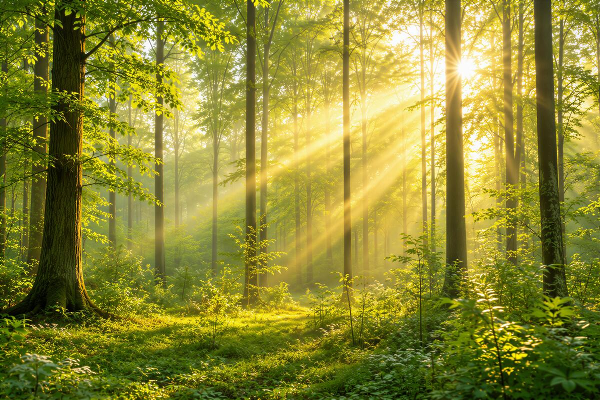 Papier peint forêt ensoleillée verte avec rayons de soleil pour le salon