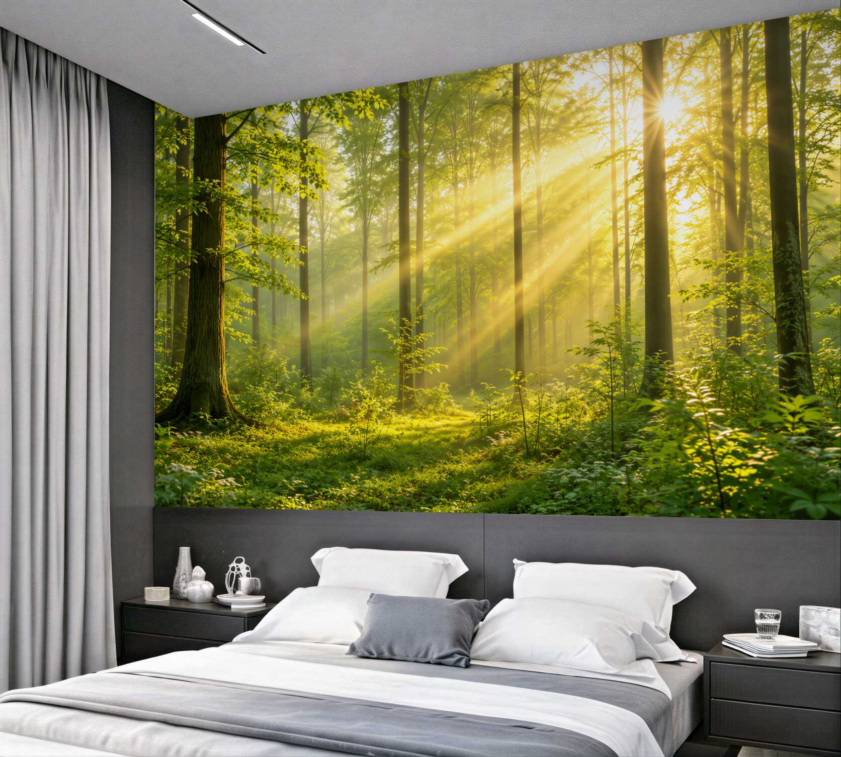 Papier peint forêt ensoleillée verte avec rayons de soleil pour le salon