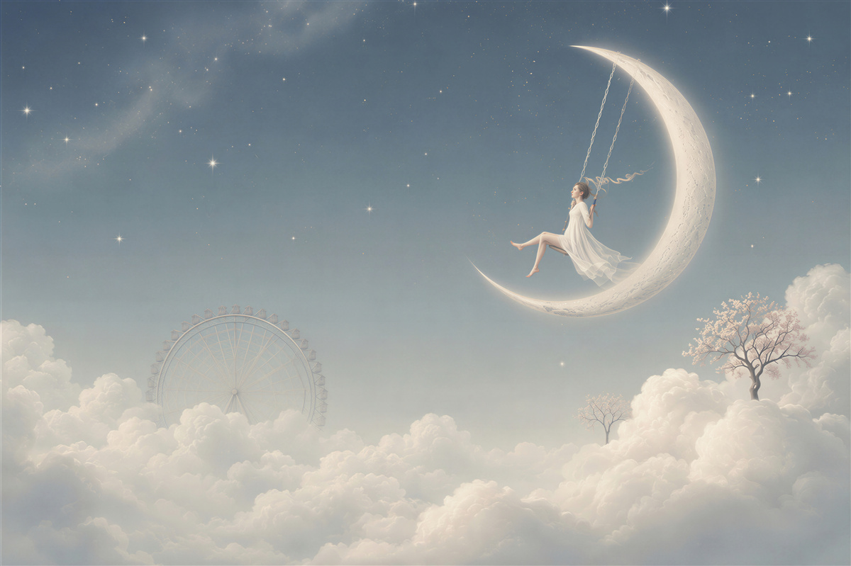 Papier peint fille sur la lune dans des nuages scène nocturne pastel