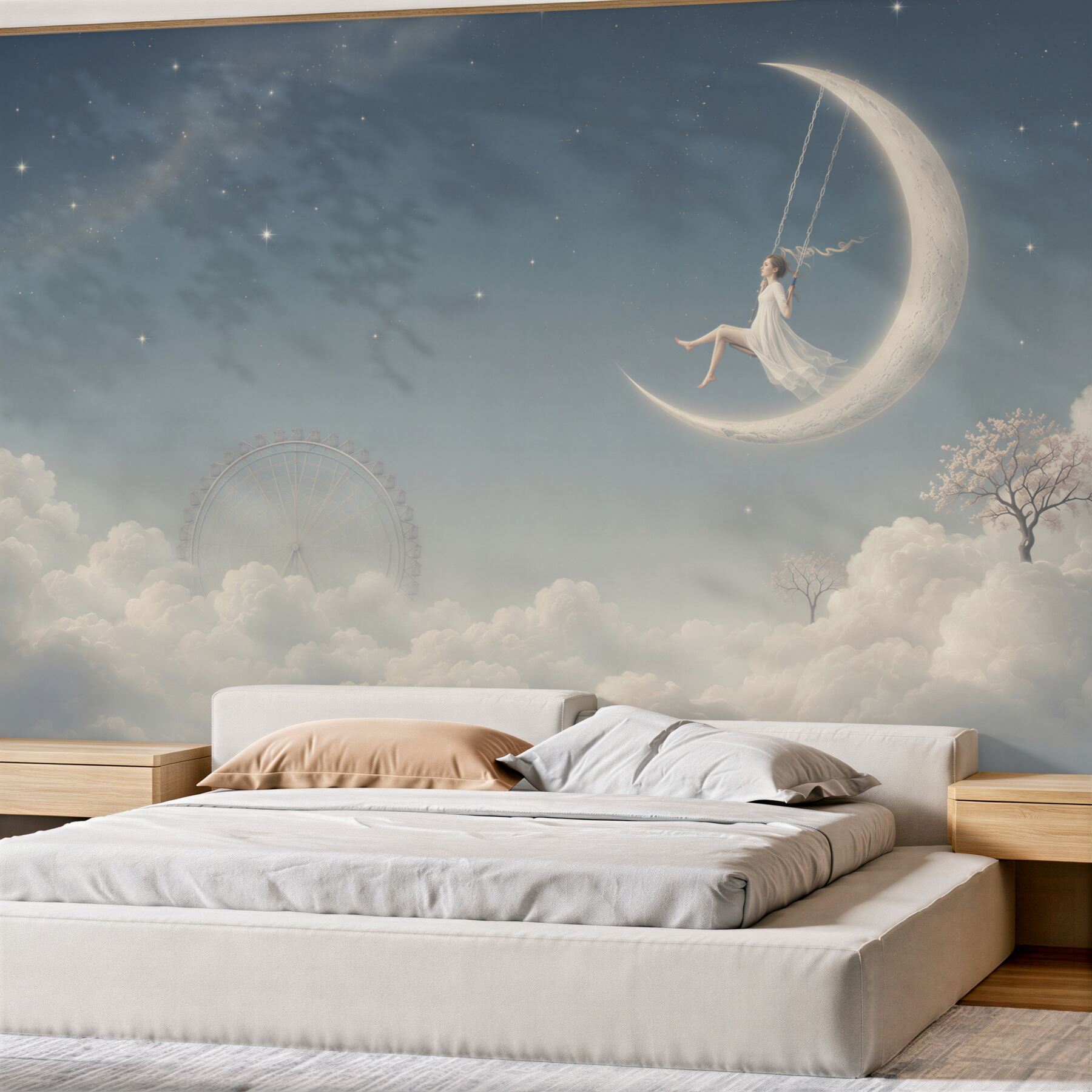 Papier peint fille sur la lune dans des nuages scène nocturne pastel