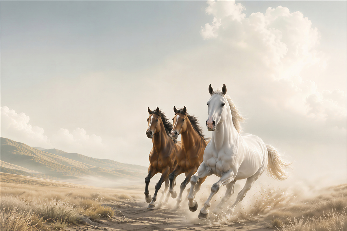 Papier peint chevaux galopant sur la route désertique dans des tons beiges clairs