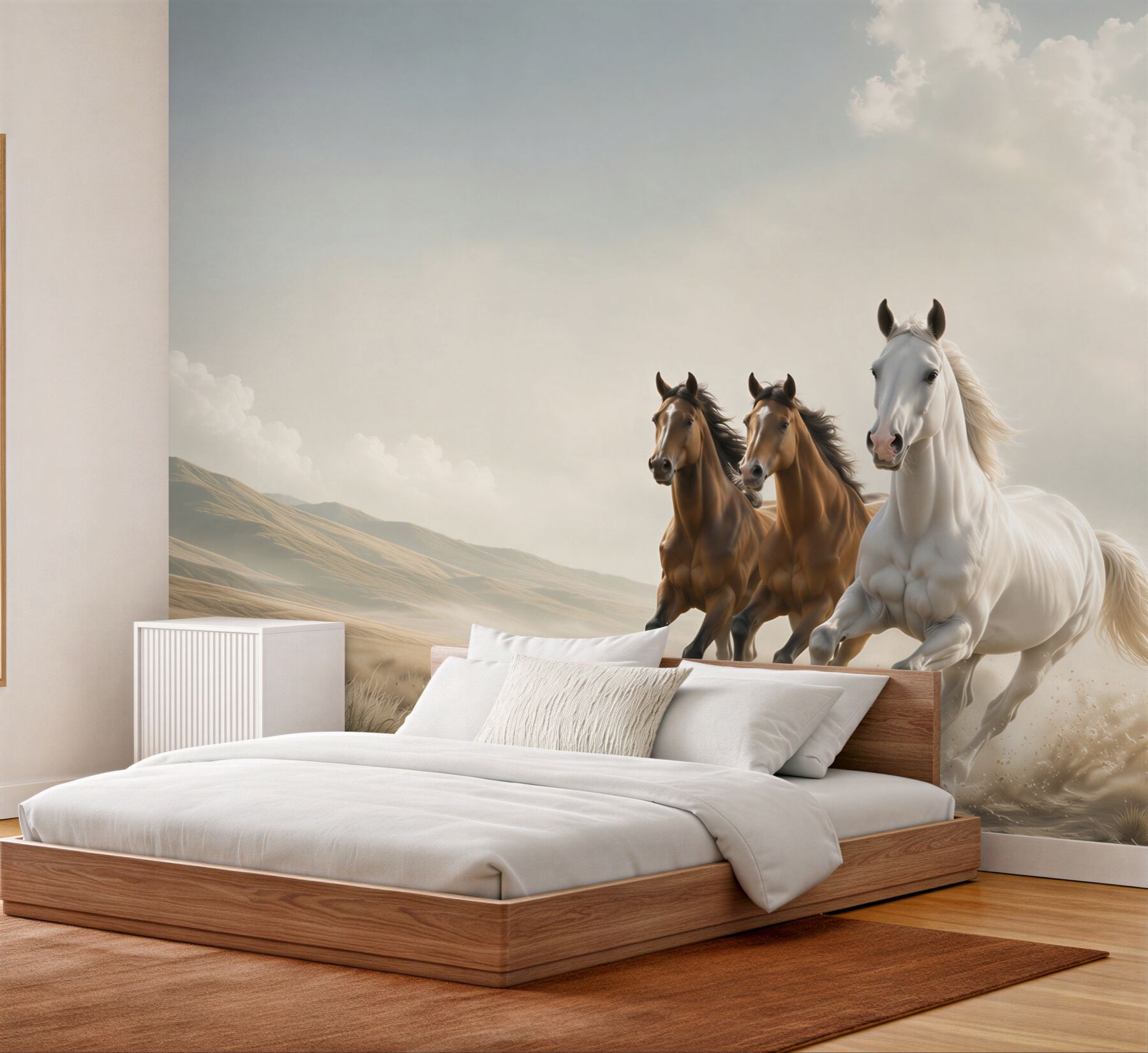 Papier peint chevaux galopant sur la route désertique dans des tons beiges clairs