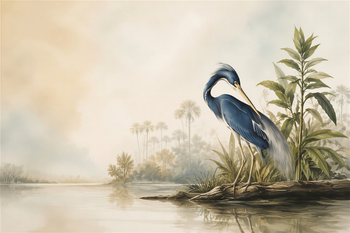 Papier peint héron bleu au-dessus de l'eau calme dans un paysage tropical
