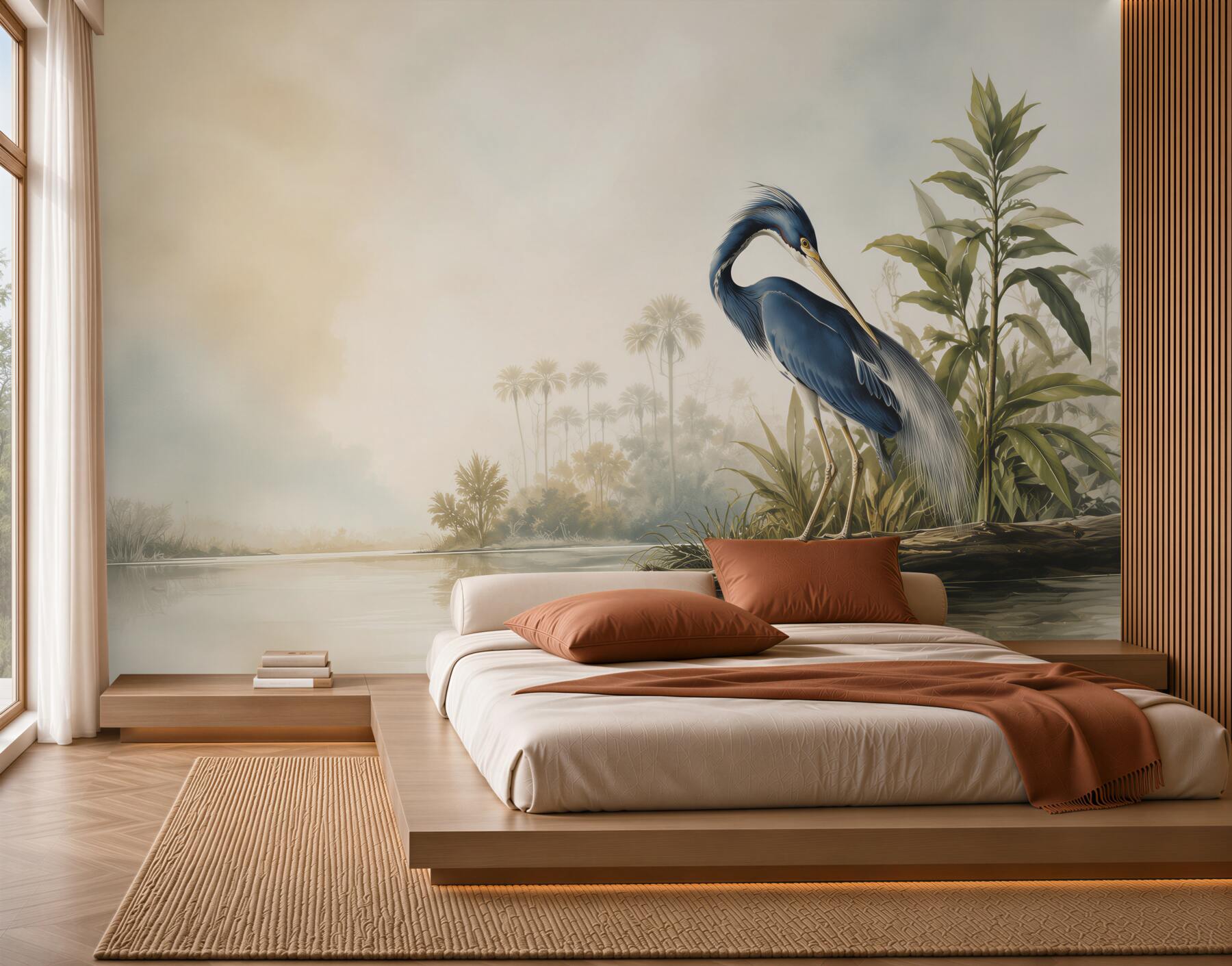 Papier peint héron bleu au-dessus de l'eau calme dans un paysage tropical
