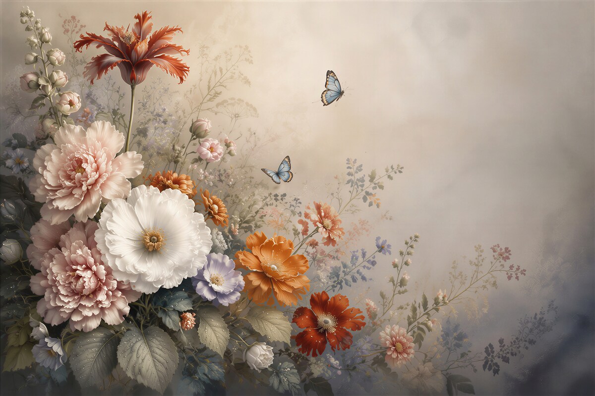 Papier peint fleurs pastel avec papillons romantique pour la chambre
