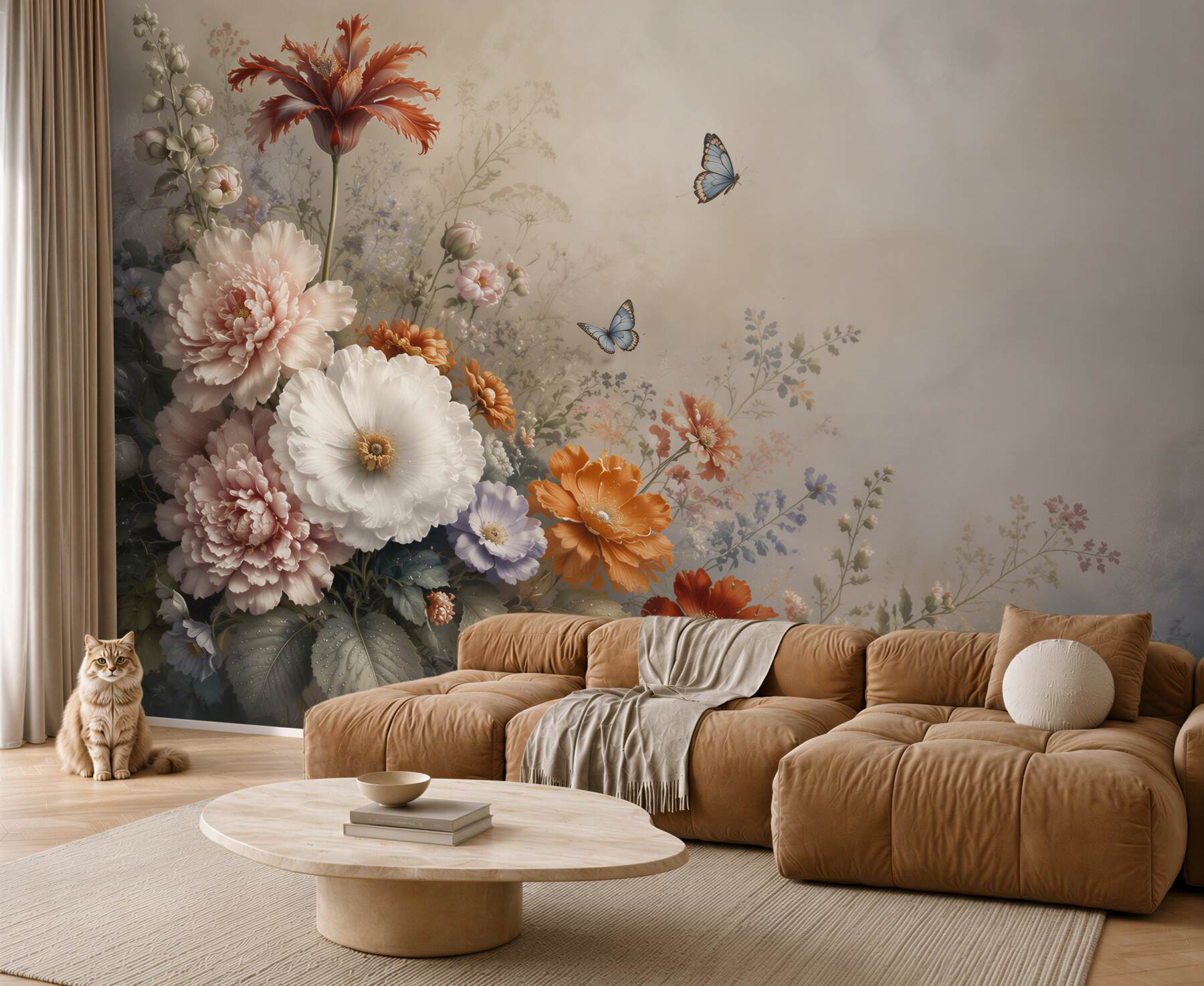 Papier peint fleurs pastel avec papillons romantique pour la chambre