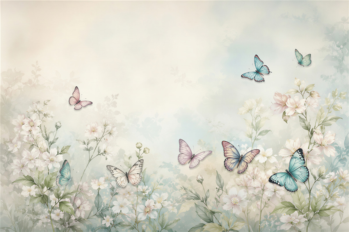 Papier peint fleurs blanches avec papillons prairie pastel pour la chambre
