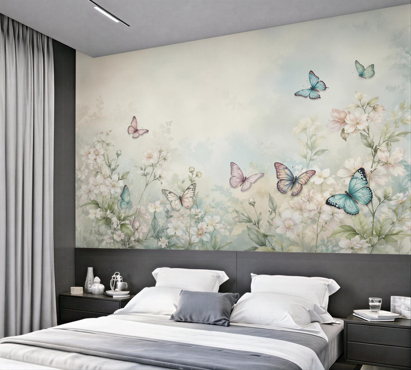 Papier peint fleurs blanches avec papillons prairie pastel pour la chambre