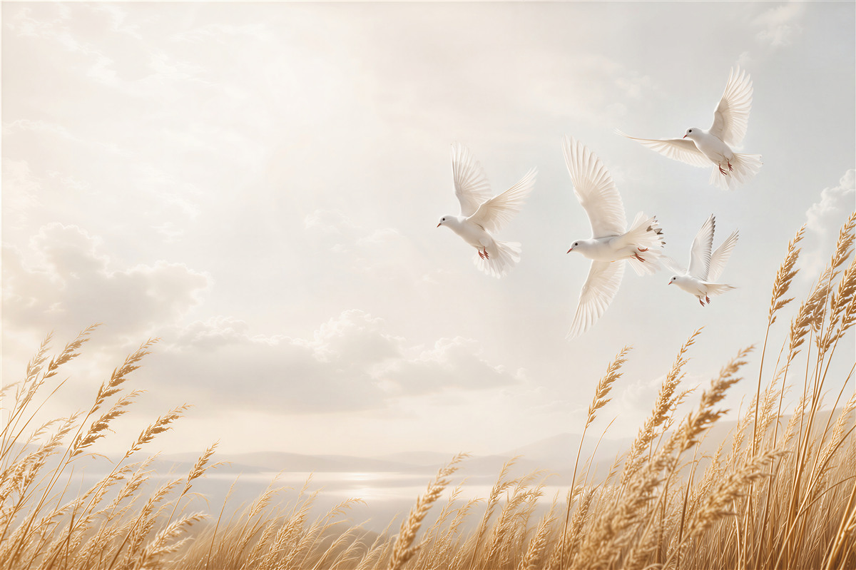 Papier peint colombes blanches dans les rayons du soleil au-dessus des herbes dorées