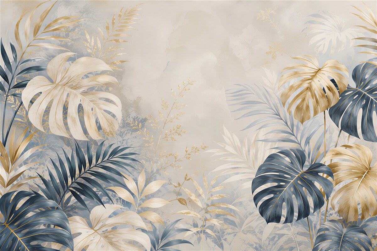 Papier peint feuilles de monstera bleu marine et dorées élégantes tropicales pour le salon