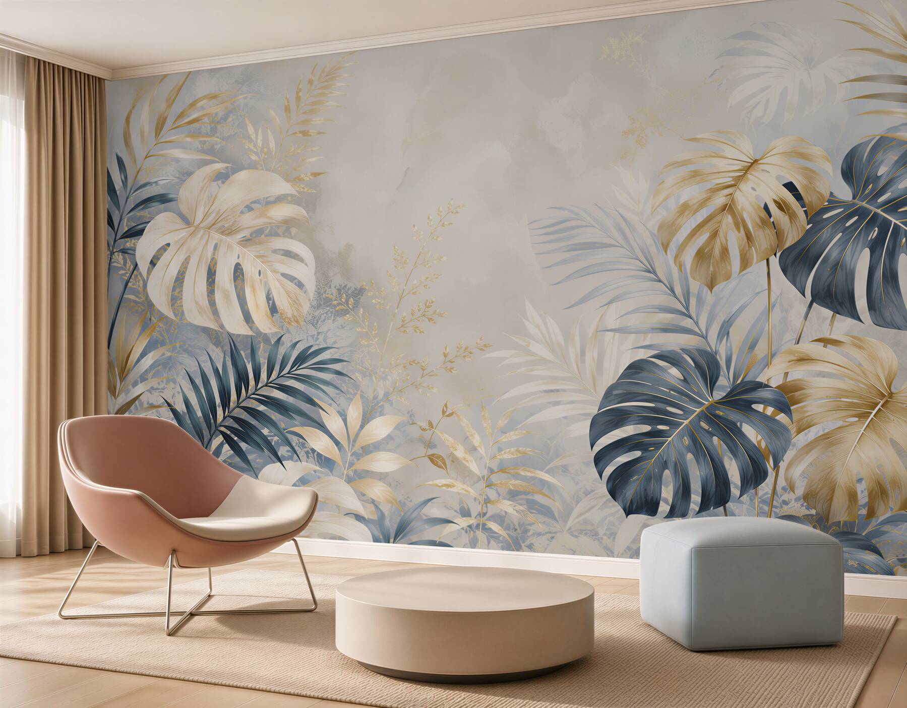 Papier peint feuilles de monstera bleu marine et dorées élégantes tropicales pour le salon