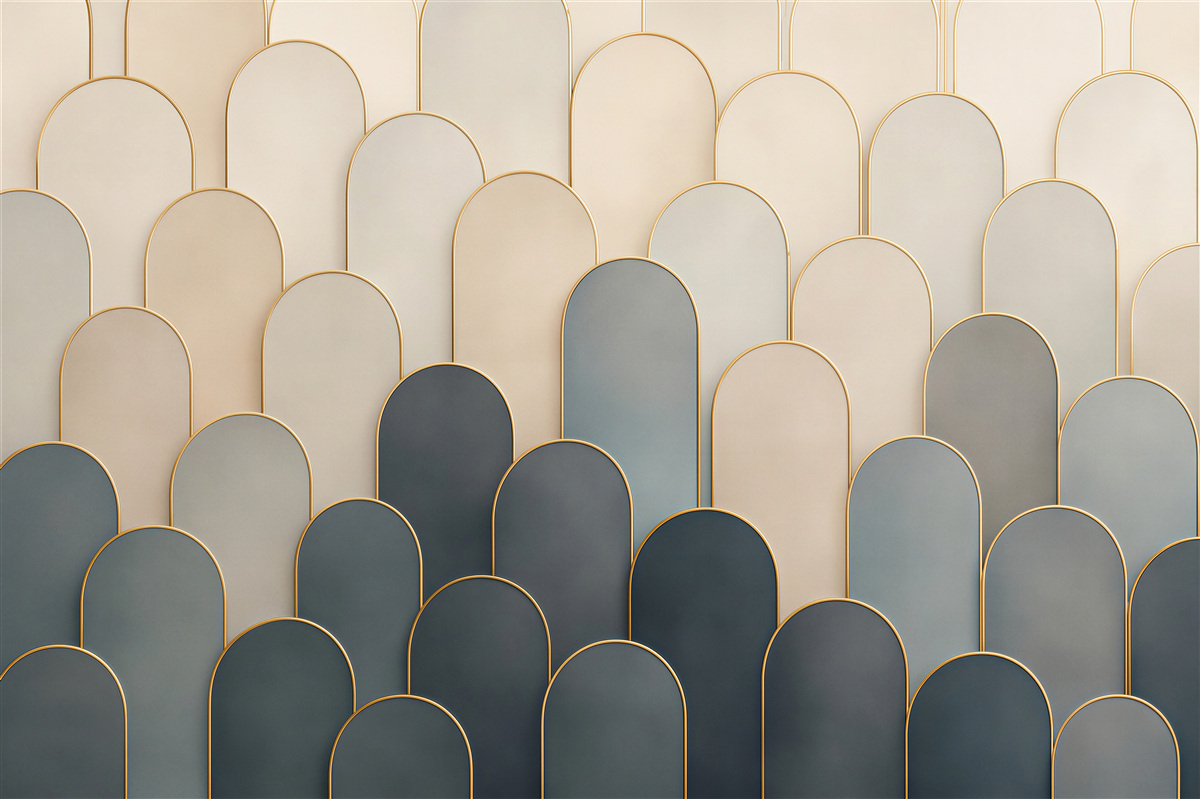 Papier peint arcs géométriques beige et bleu marine avec lignes dorées art déco