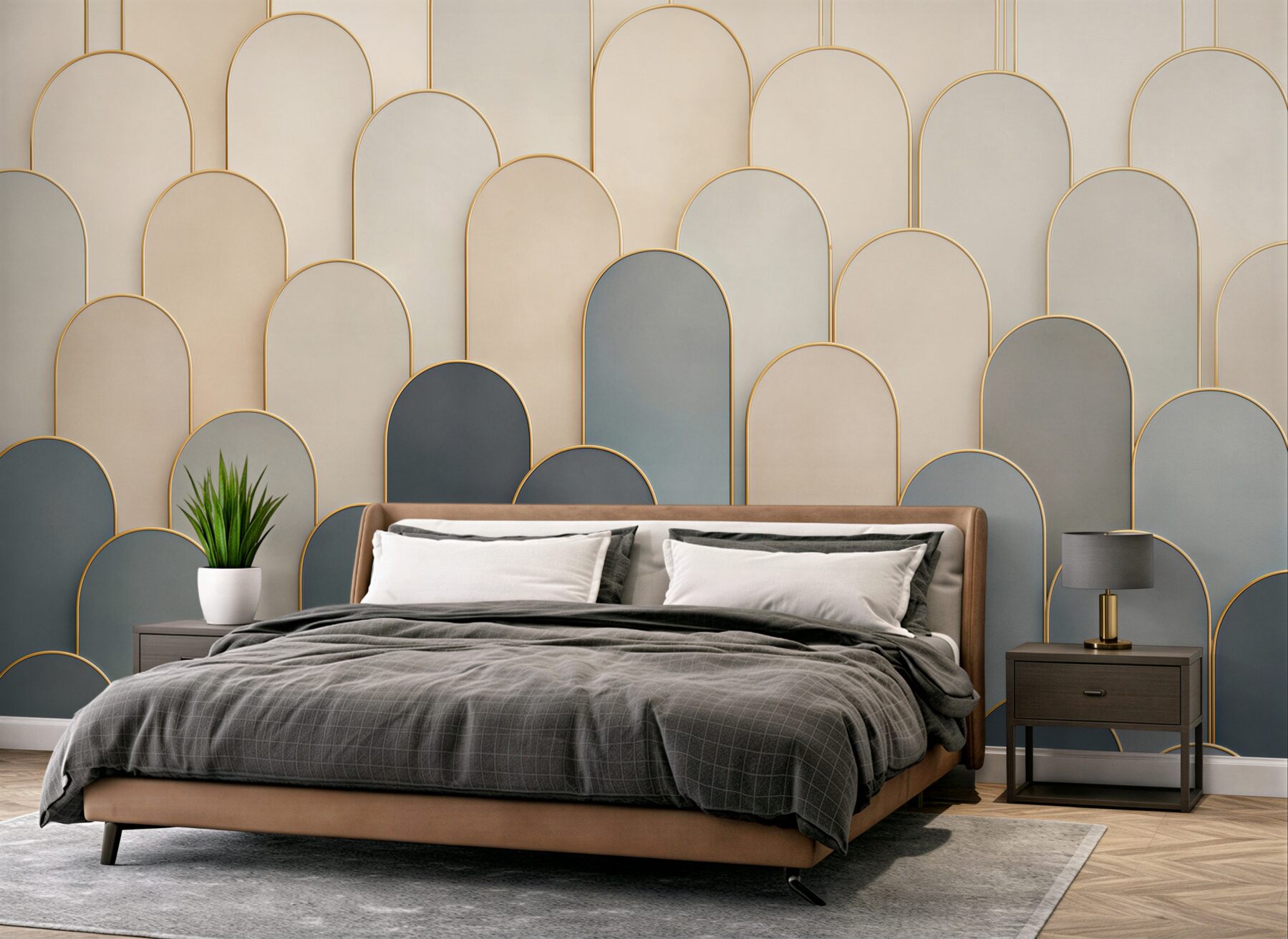 Papier peint arcs géométriques beige et bleu marine avec lignes dorées art déco
