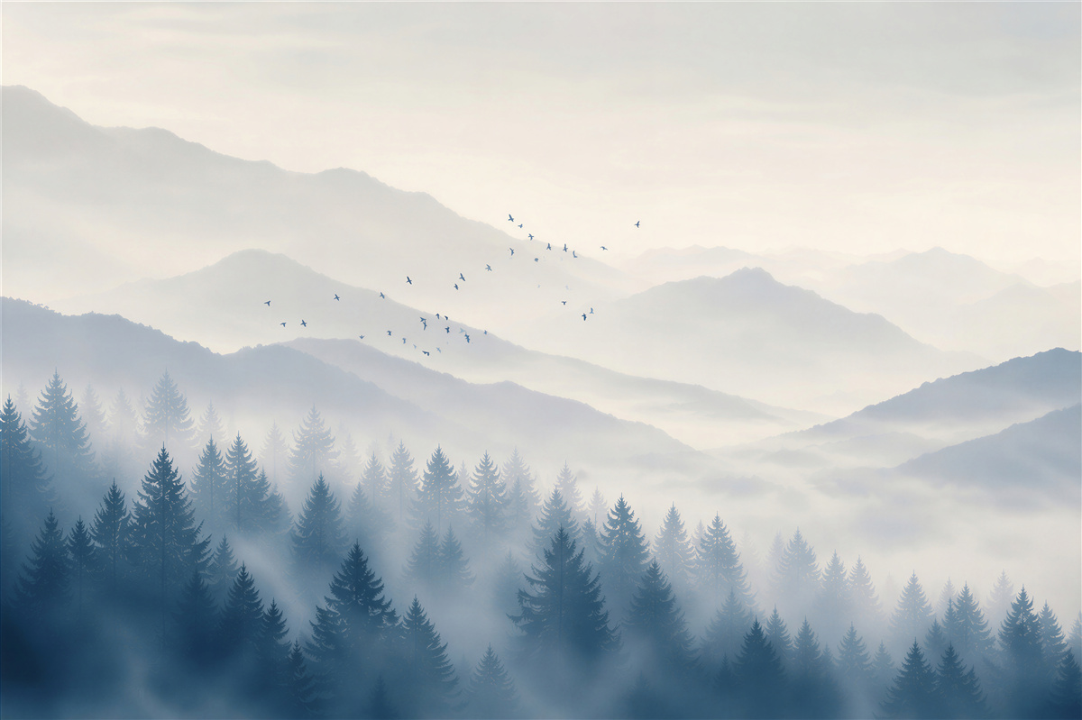 Papier peint montagnes dans le brouillard avec forêt et oiseaux paisible