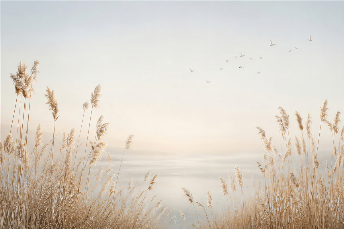 Papier peint herbes de la pampa au bord d'un lac beige paysage paisible