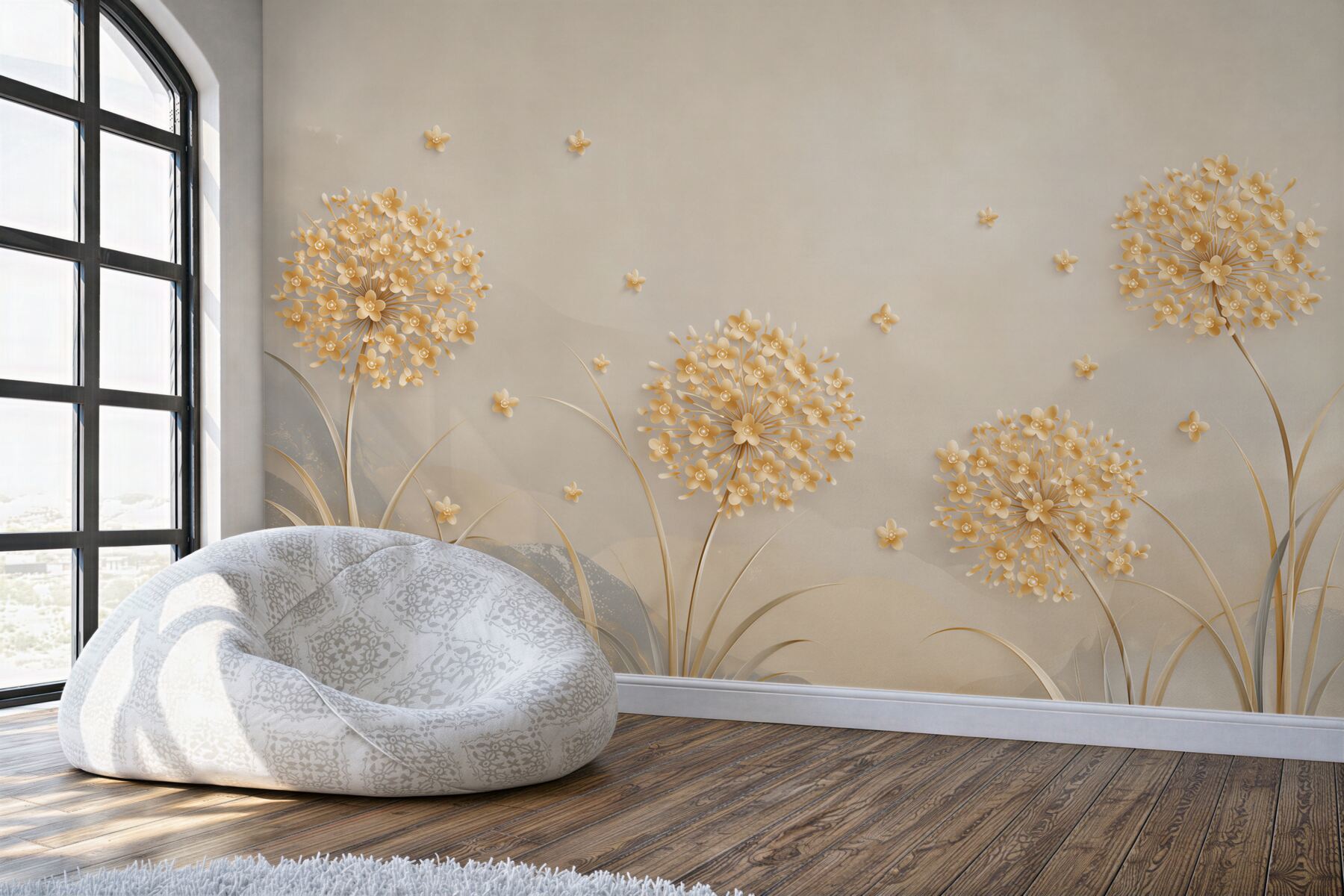Papier peint fleurs d'ail or et beige élégantes