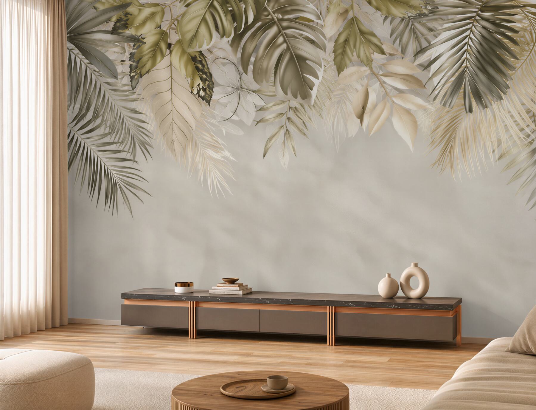 Papier peint feuilles tropicales beiges élégantes pour le salon