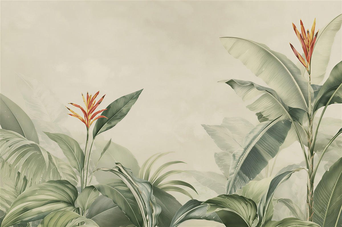 Papier peint feuilles tropicales et strelitzia vertes pour un salon élégant