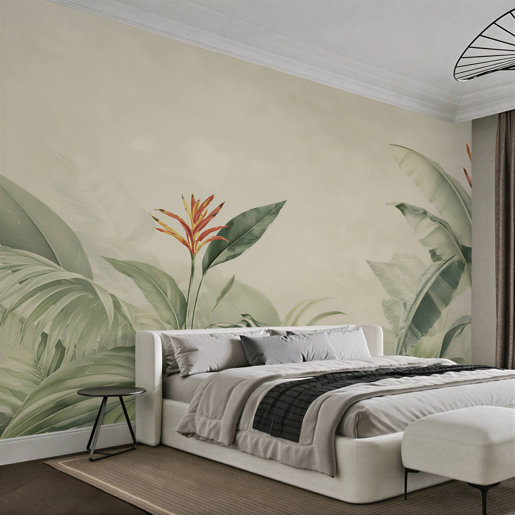 Papier peint feuilles tropicales et strelitzia vertes pour un salon élégant