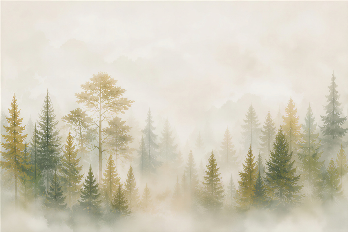 Papier peint forêt de pins dans le brouillard en beiges doux et verts