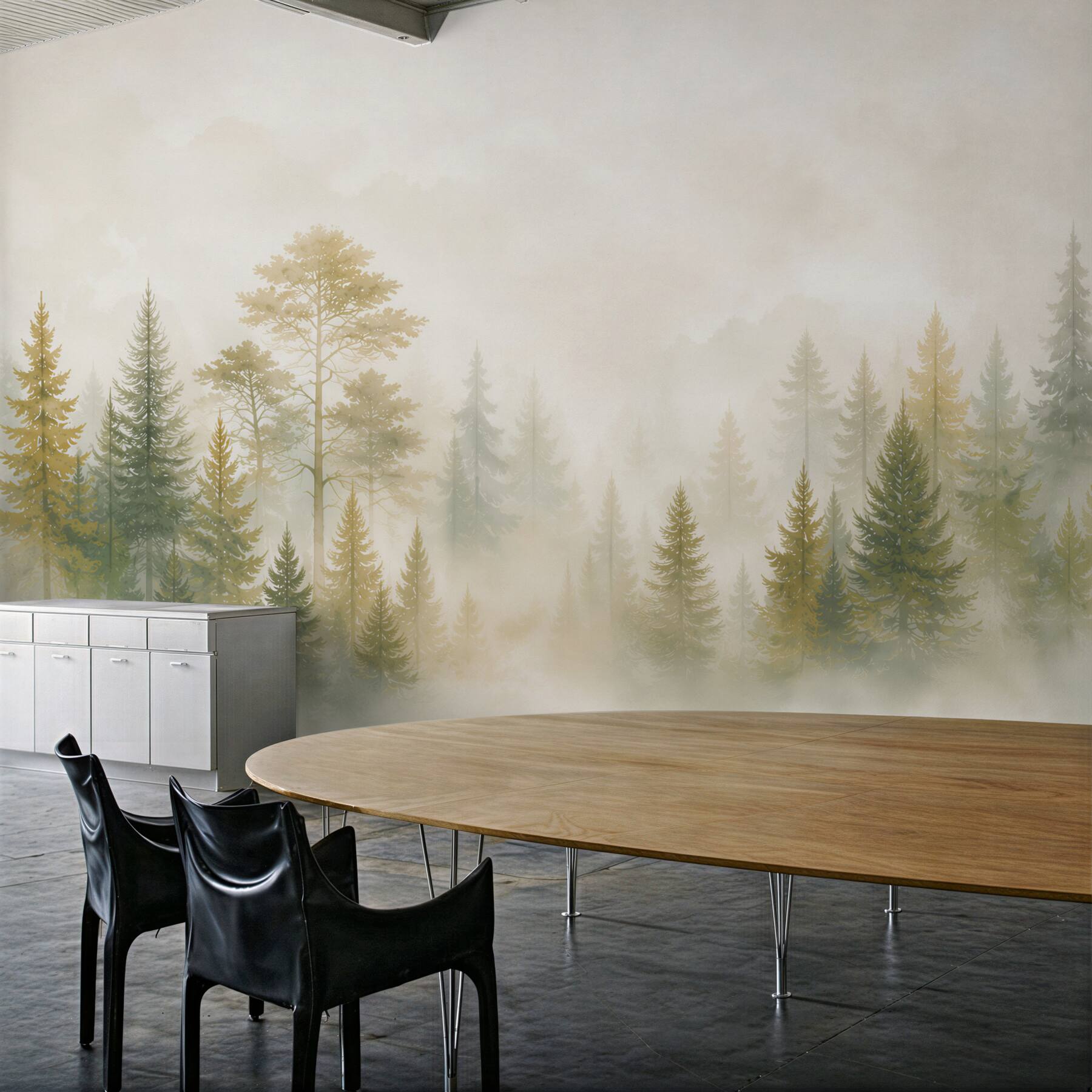 Papier peint forêt de pins dans le brouillard en beiges doux et verts
