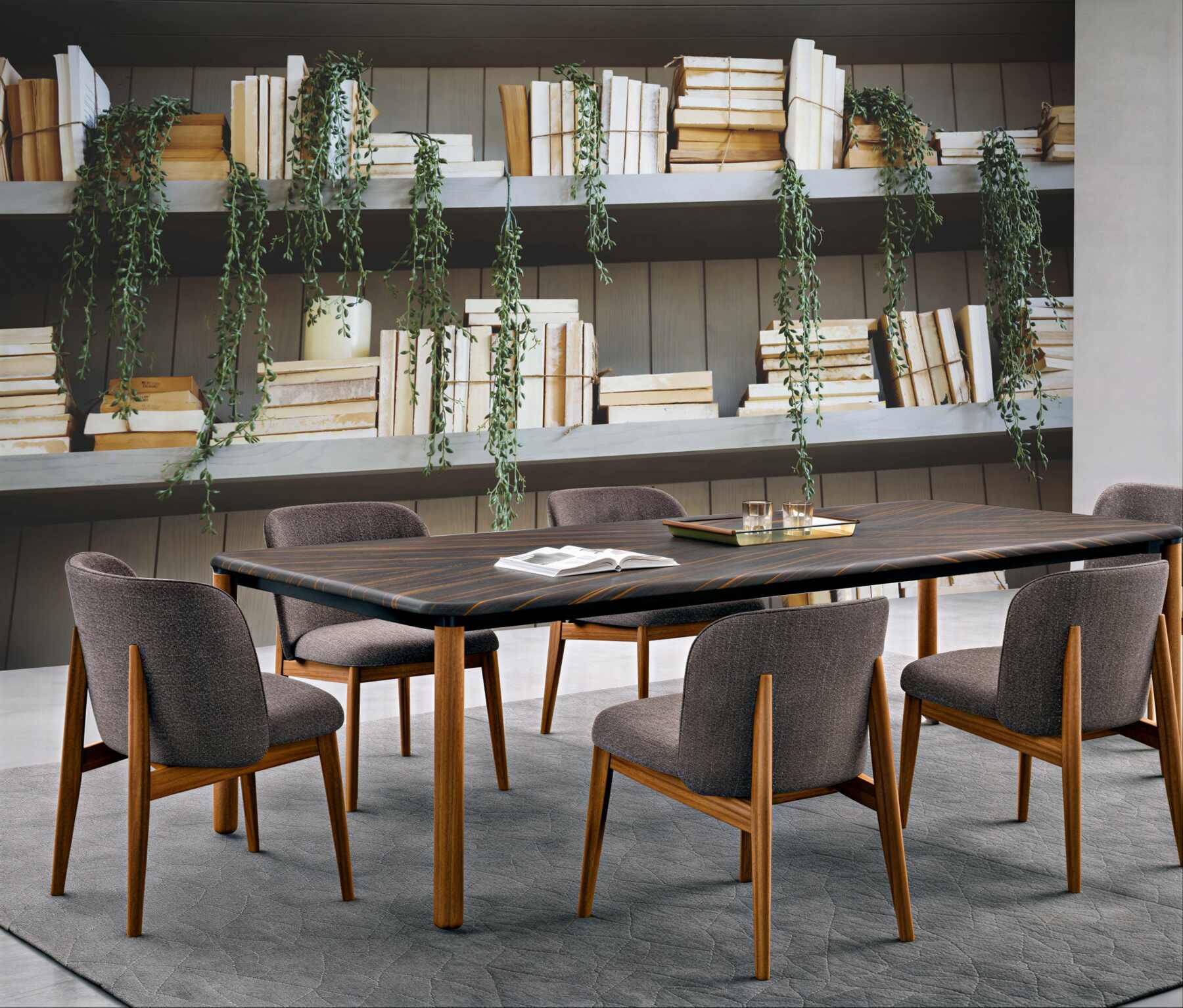 Papier peint étagères confortables pour livres et herbes
