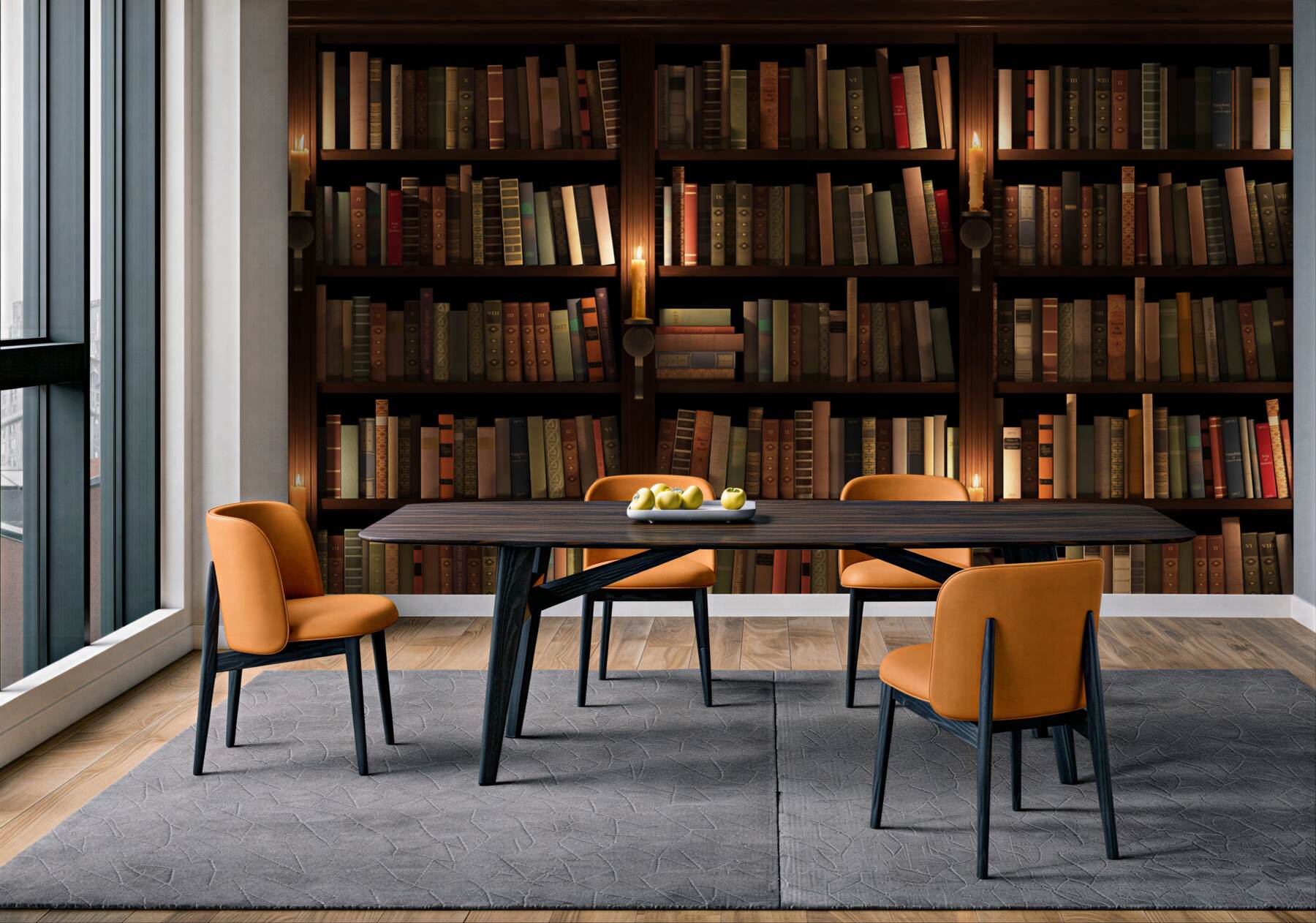 Papier peint bibliothèque avec livres et bougies