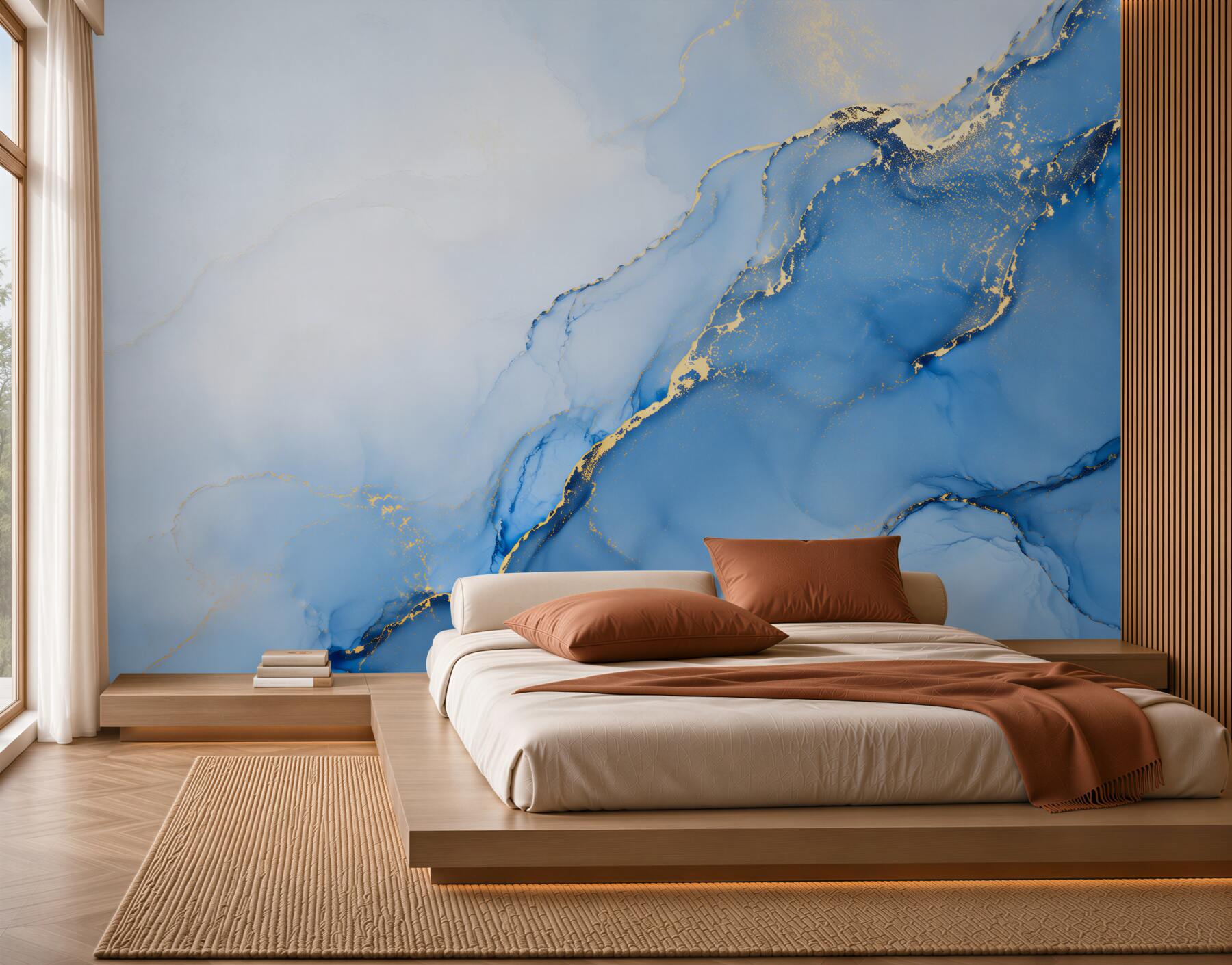 Papier peint vagues bleues avec or