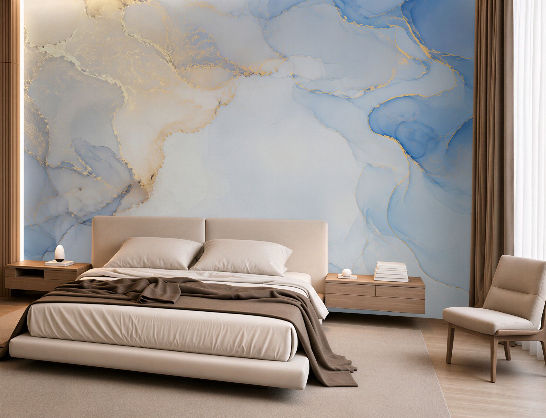 Papier peint fluide bleues avec or