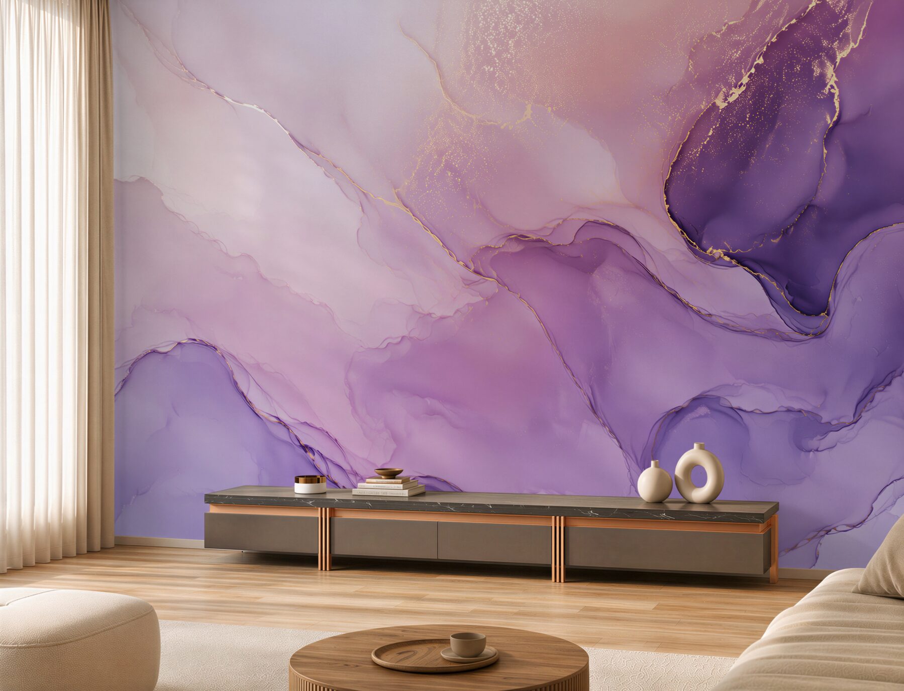 Papier peint fond marbré lilas avec or