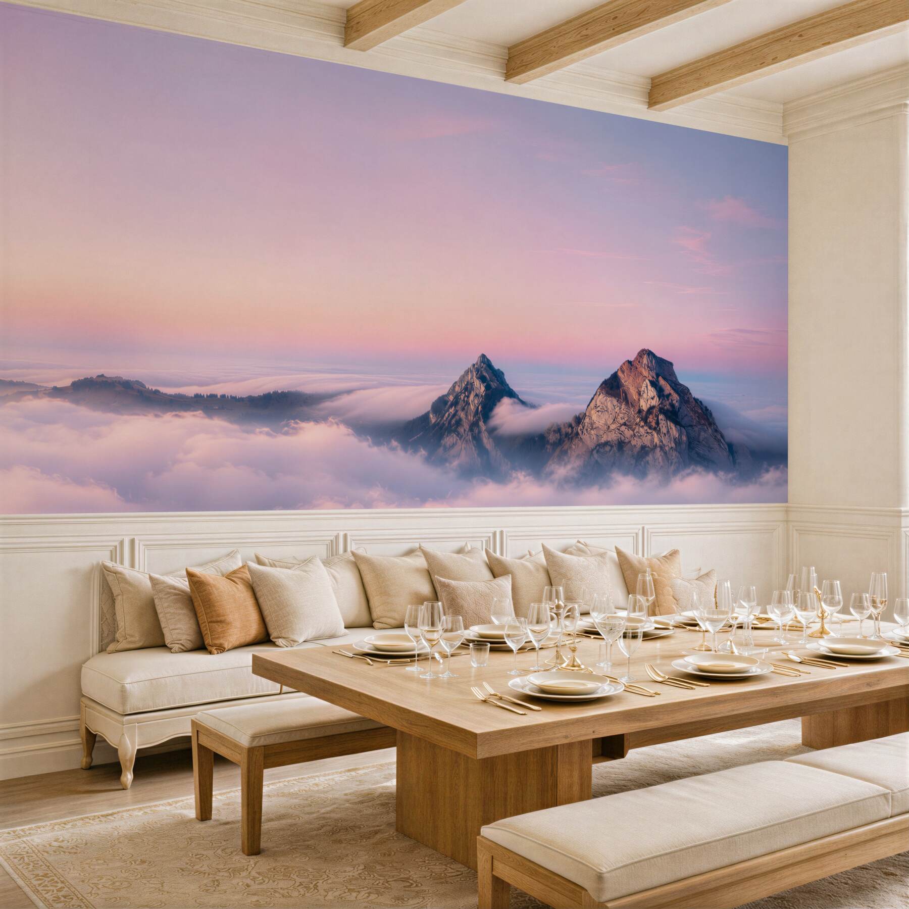 Papier peint ciel rose au-dessus des montagnes nuageuses