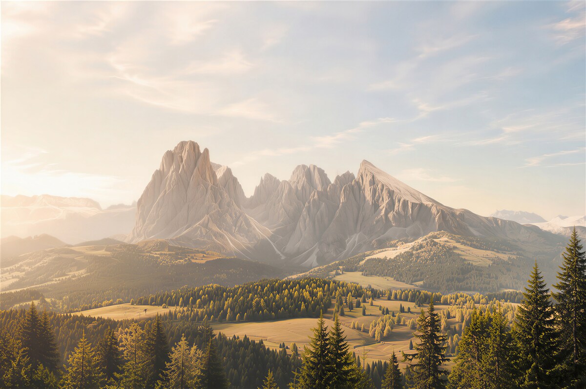 Papier peint forêt dense et montagnes Langkofel