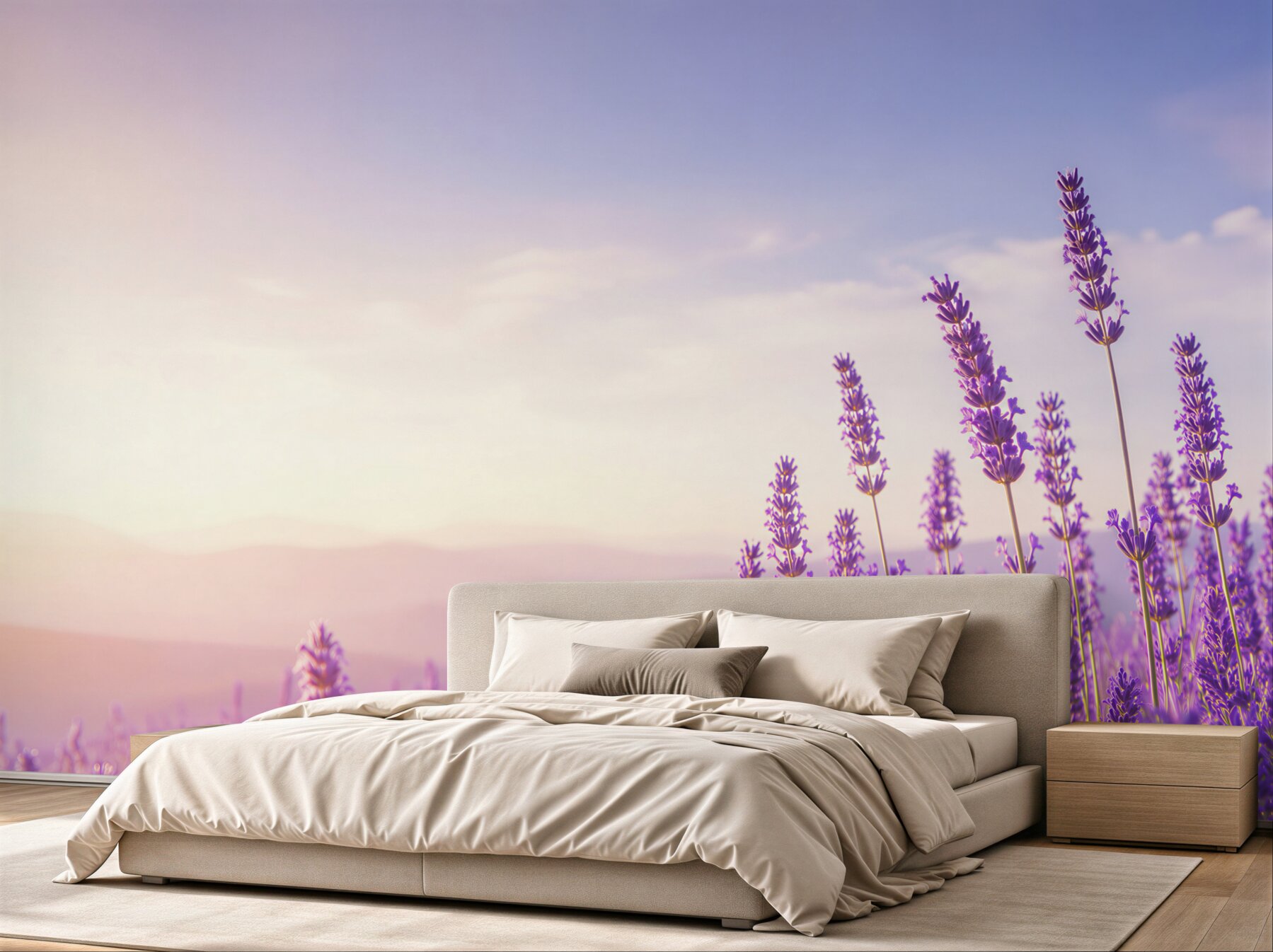 Papier peint lavande violette sous un ciel bleu