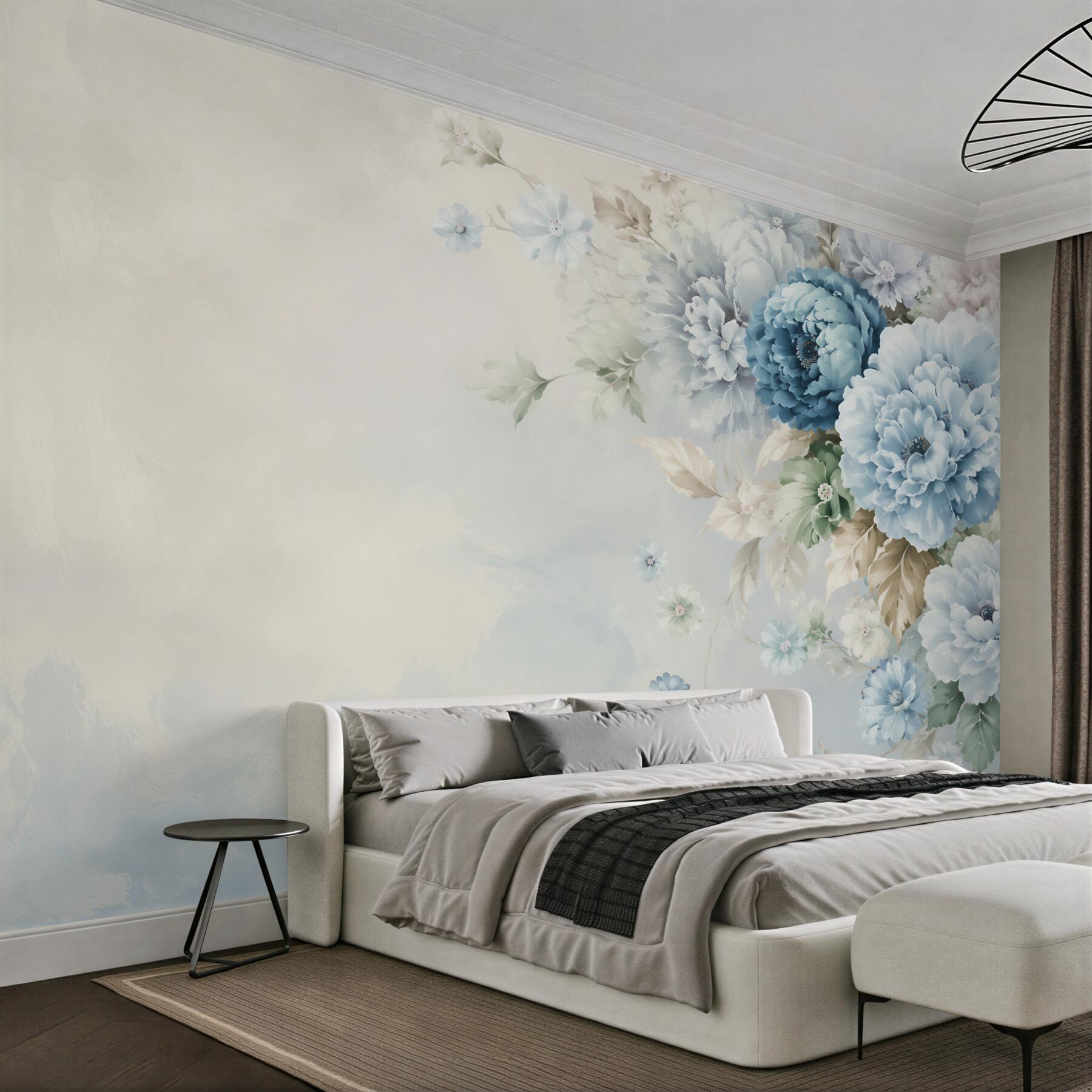 Papier peint composition de fleurs lilas et bleues