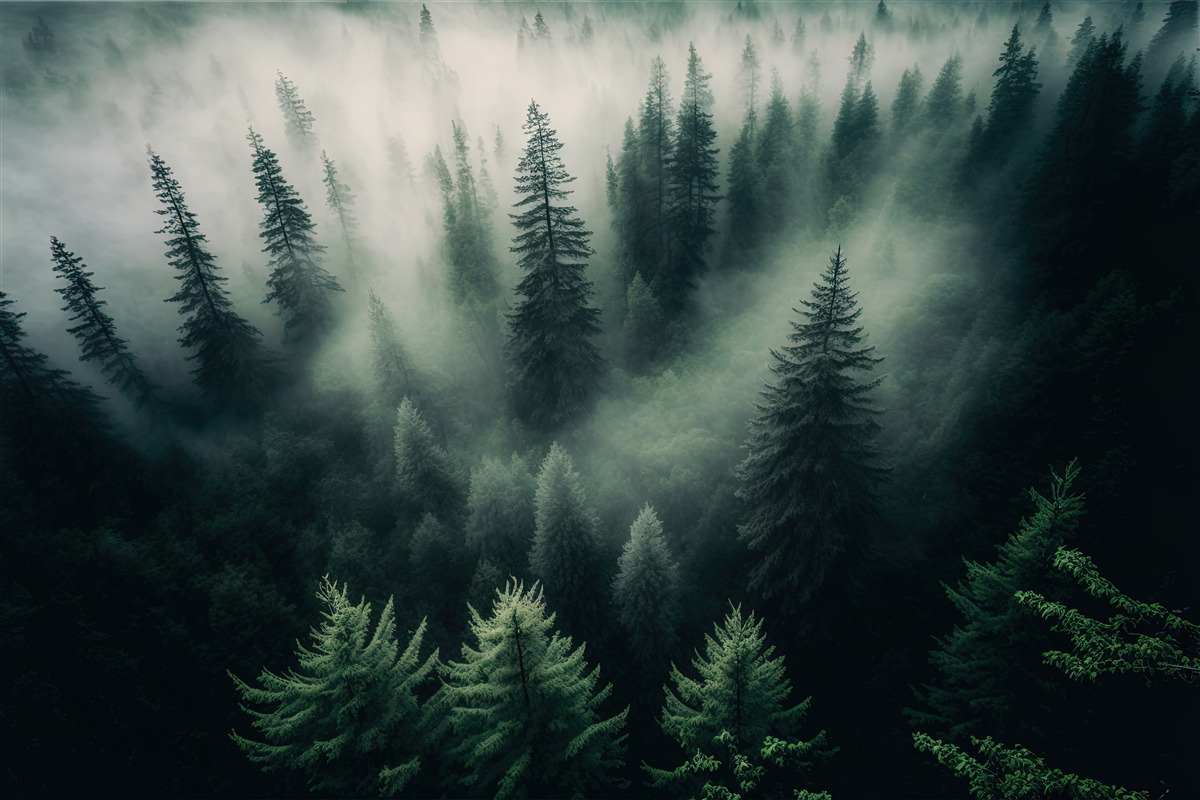 Papier peint brume dans la forêt de conifères nocturne