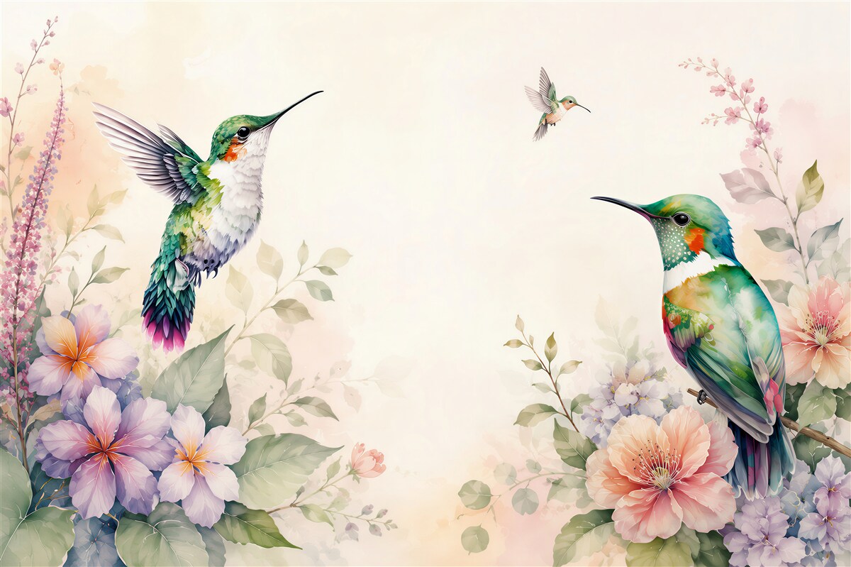 Papier peint colibris communiquant par des fleurs