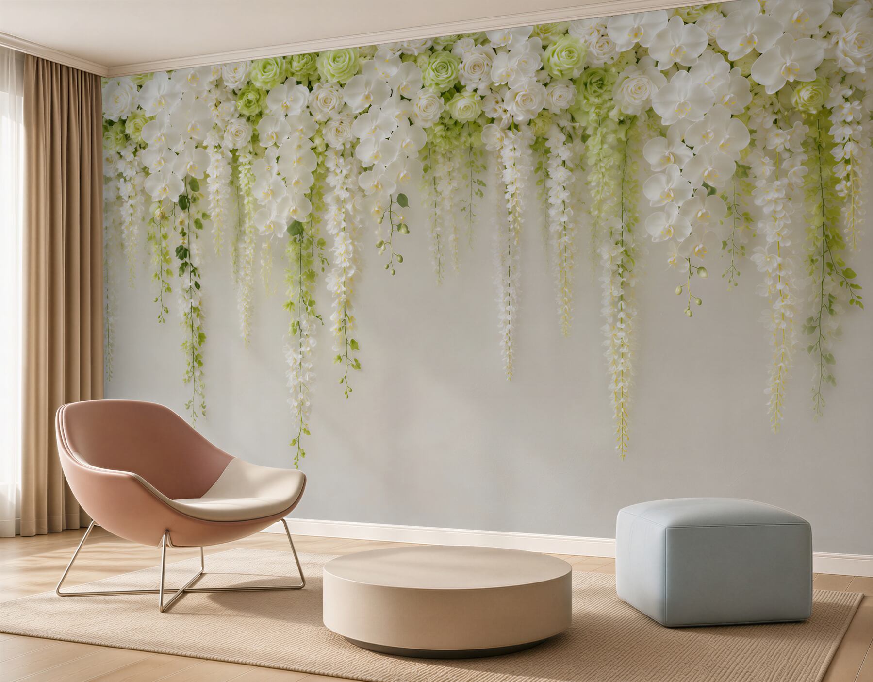 Papier peint mur parsemé de fleurs blanches d'orchidées