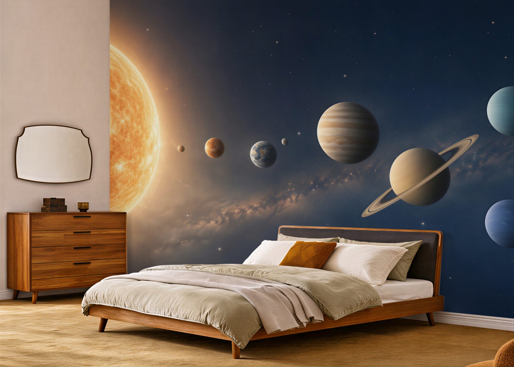 Papier peint soleil et planètes dans l'espace
