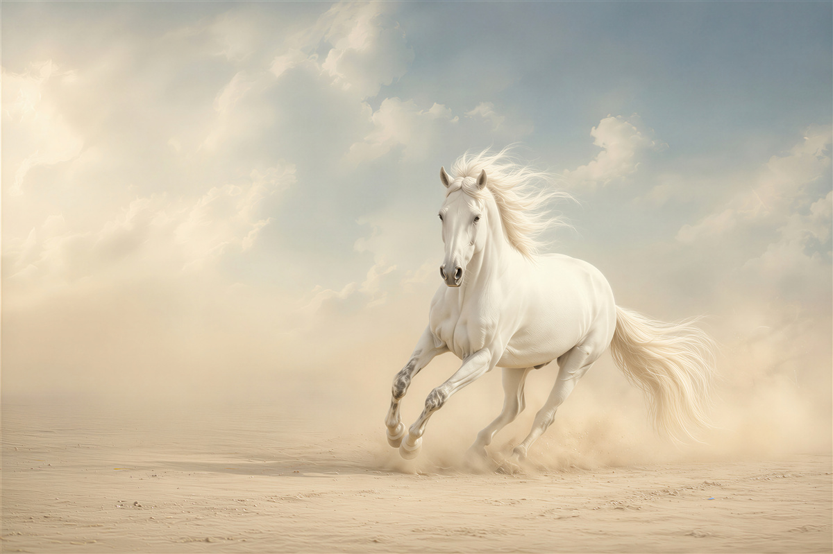 Papier peint cheval blanc galopant à travers le champ