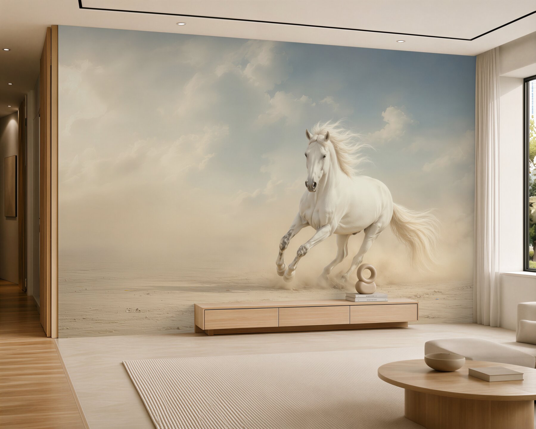 Papier peint cheval blanc galopant à travers le champ