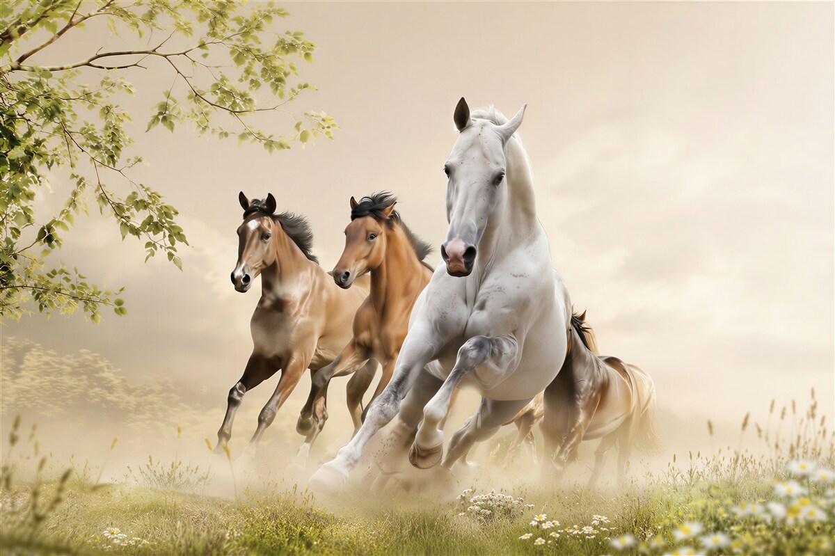 Papier peint galop de différents chevaux brisant des briques