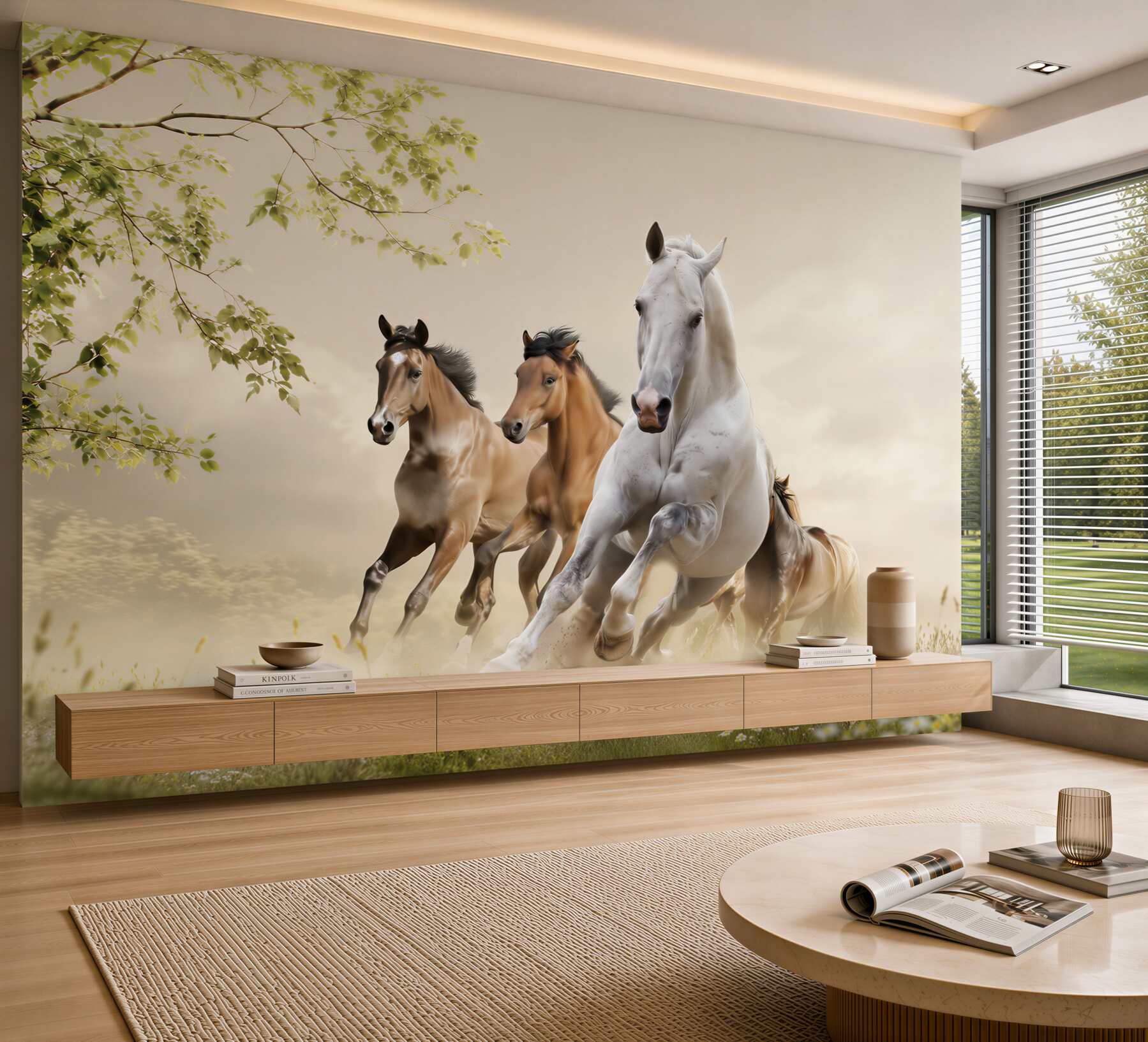 Papier peint galop de différents chevaux brisant des briques