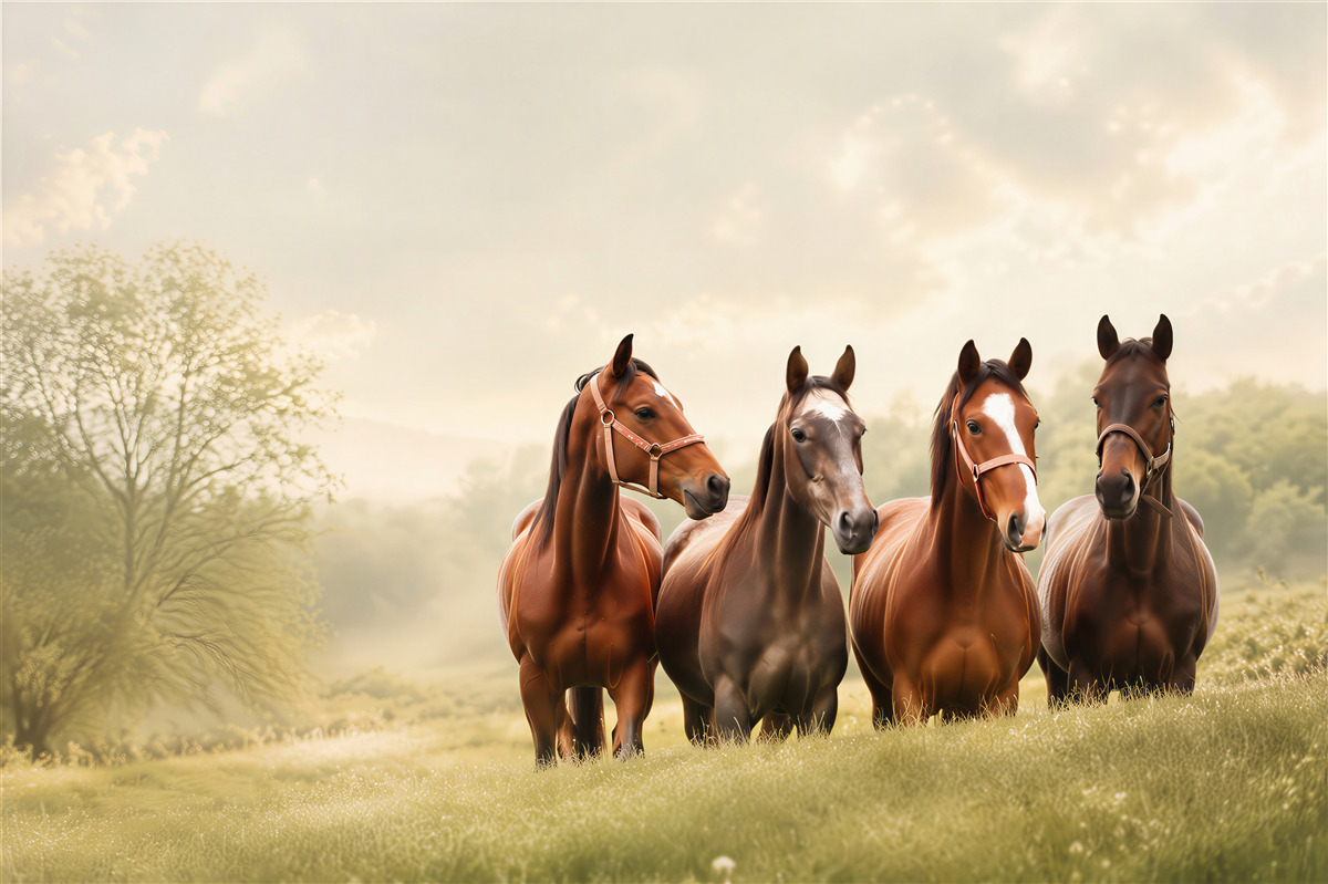 Papier peint quatre chevaux bruns dans l'enclos