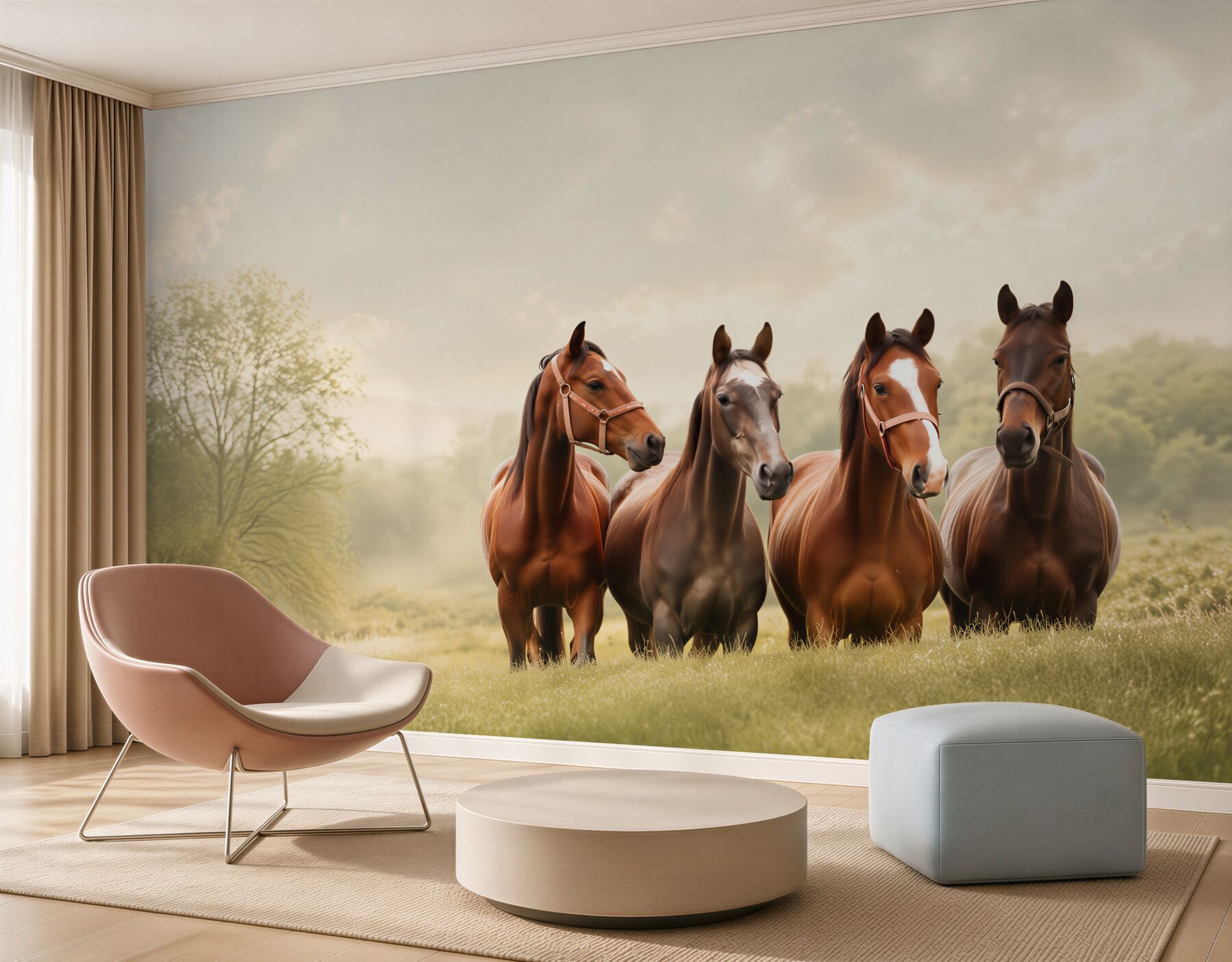 Papier peint quatre chevaux bruns dans l'enclos