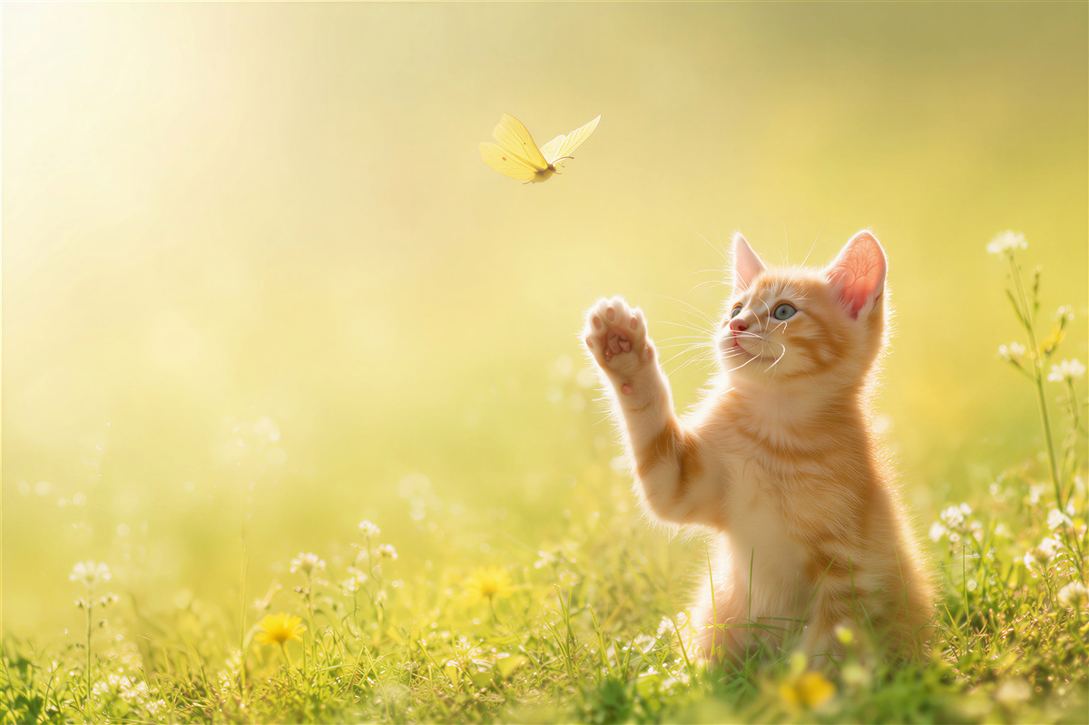 Papier peint un chaton jouant avec un papillon dans un pré